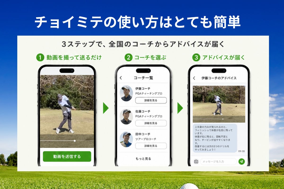 チョイミテの使い方はとても簡単。3ステップで、全国のコーチからアドバイスが届く